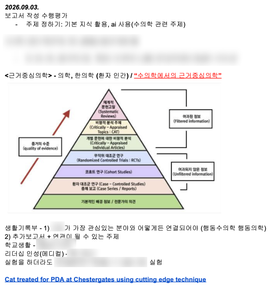 청심국제고 입학 전 학생의 관심 분야와 탐구 주제를 정리한 프리미어 아카데미 수업 자료